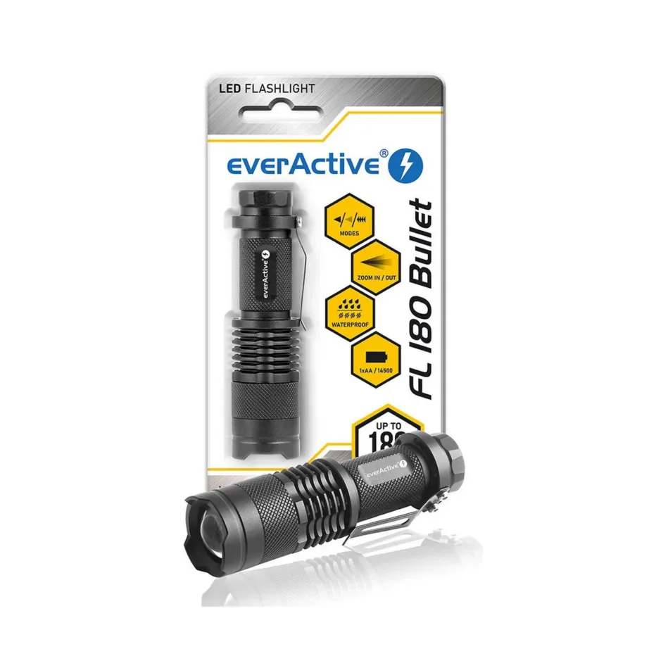 everActive FL-180 Bullet 200 lm IPX4 must alumiiniumist LED-taskulamp, 94 mm, 2,6 cm pea – 11