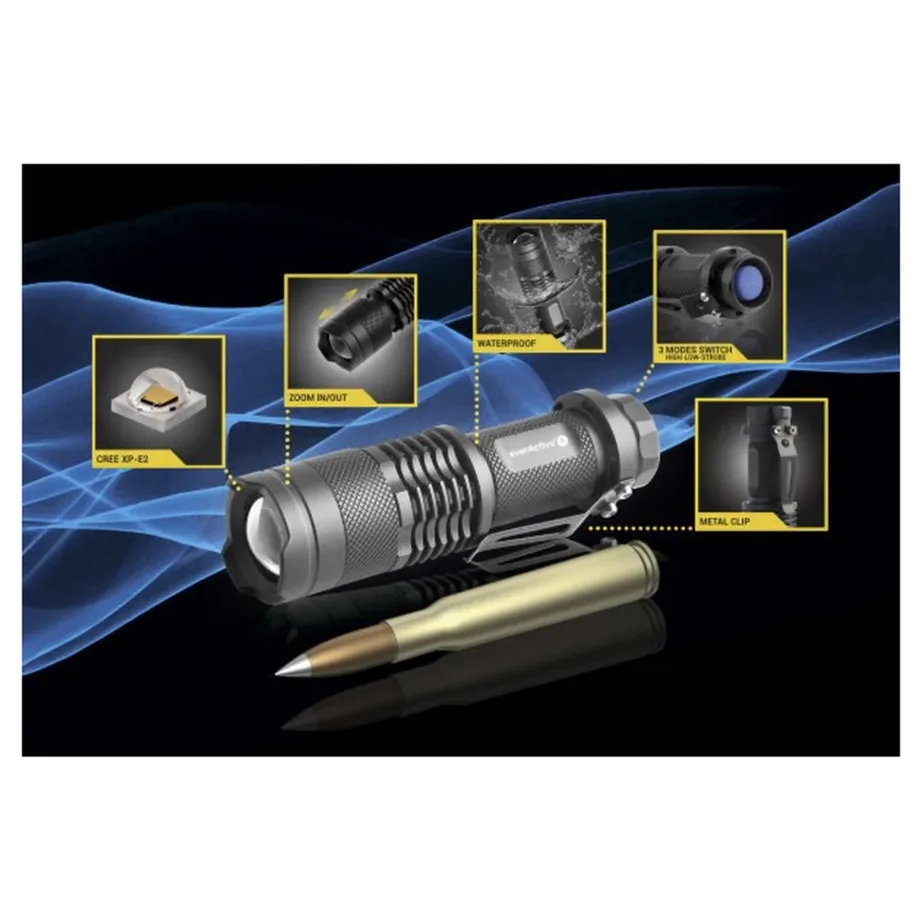 everActive FL-180 Bullet 200 lm IPX4 must alumiiniumist LED-taskulamp, 94 mm, 2,6 cm pea – 3