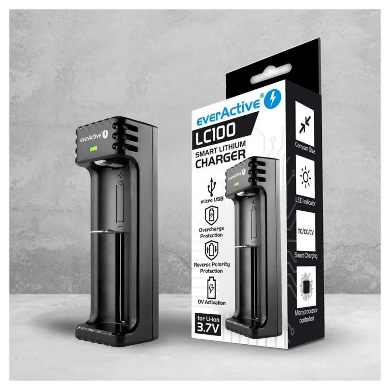everActive LC-100 li-ion akulaadija 1 akule, 5V microUSB, AA/AAA/18650, must