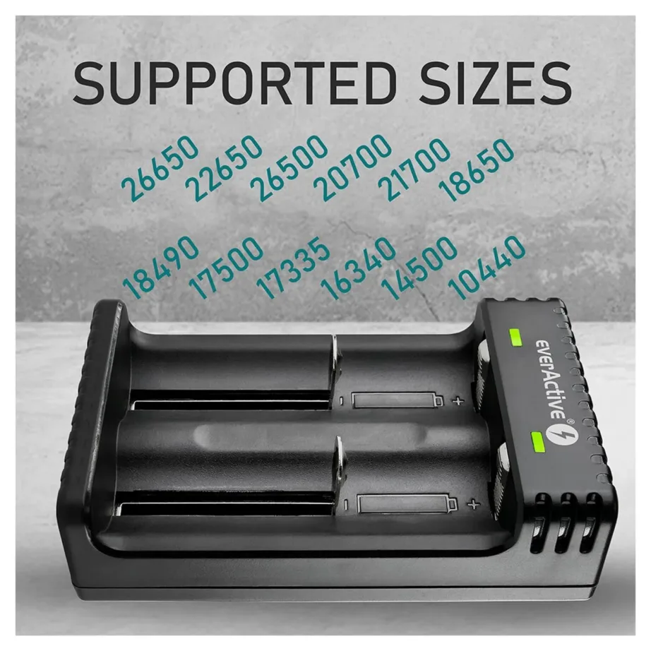 everActive LC-200 2-akuline must liitiumioonakude laadija, sobib A/AA/AAA/AAAA/C/D, 4,2 V 1 A, vooluvõrgutoide – 4