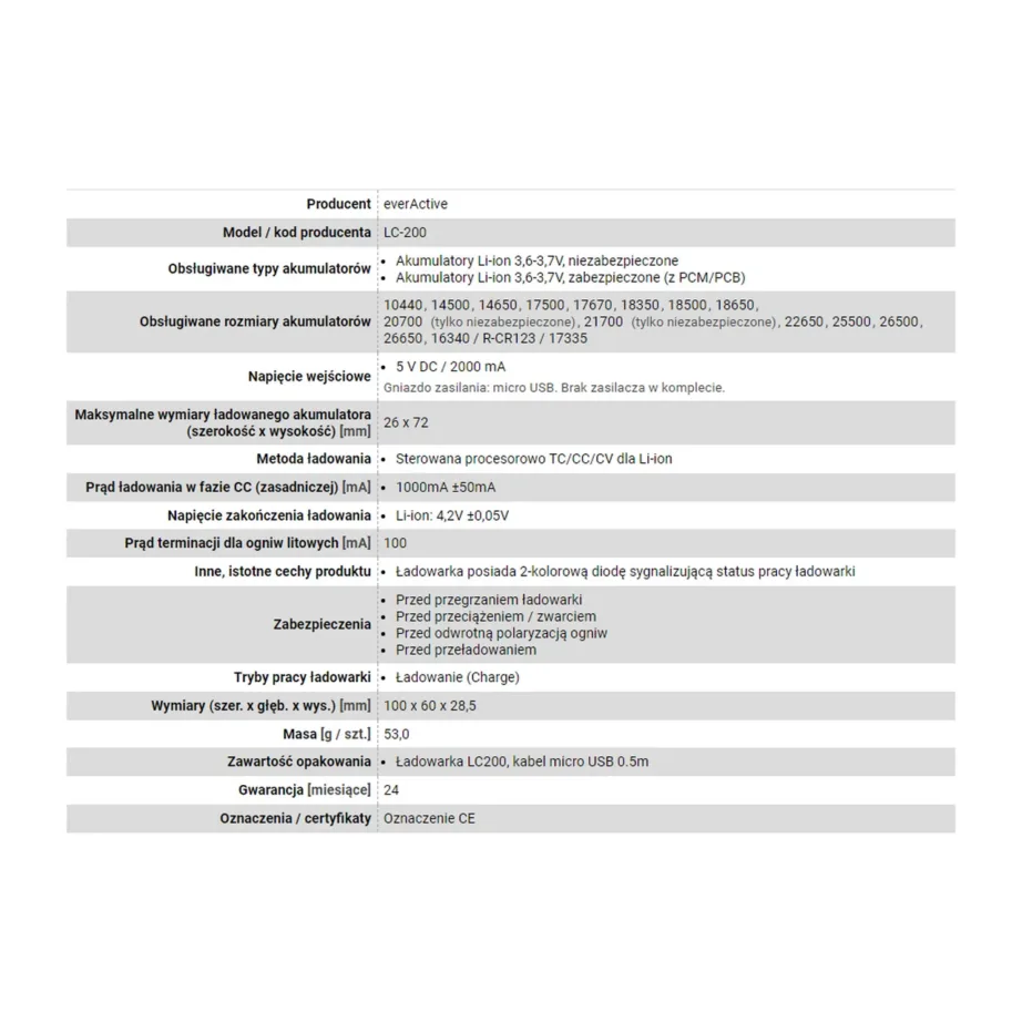 everActive LC-200 2-akuline must liitiumioonakude laadija, sobib A/AA/AAA/AAAA/C/D, 4,2 V 1 A, vooluvõrgutoide – 6