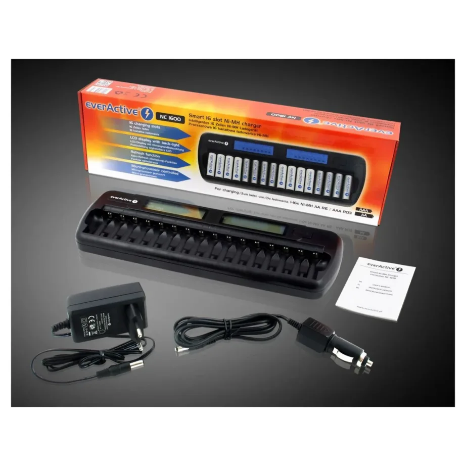 everActive NC-1600 must universaalne akulaadija 16 x AA/AAA/C/D, 100–240V, liitium-ioon akudele – 4