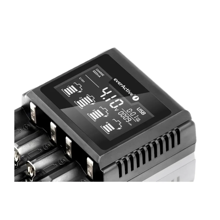 everActive UC-4000 must 4-pesaline Li-Ion AA/AAA/C/D akulaadija, 100–240 V sisend, toiteadapteriga