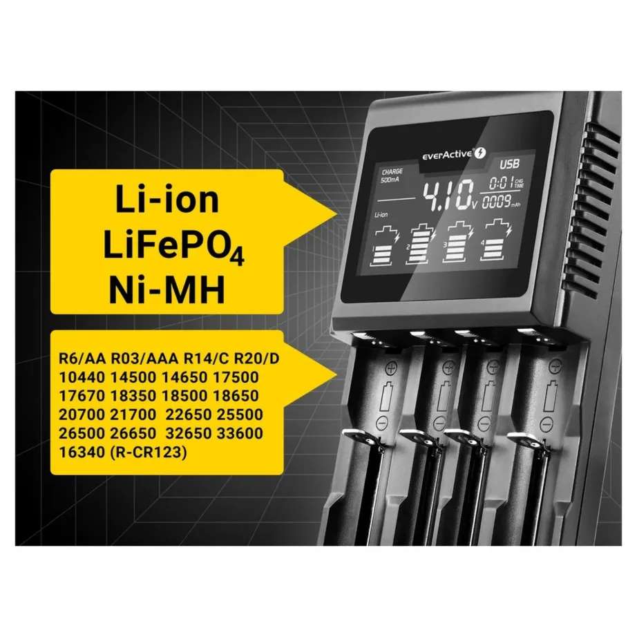 everActive UC-4000 must 4-pesaline Li-Ion AA/AAA/C/D akulaadija, 100–240 V sisend, toiteadapteriga – 7