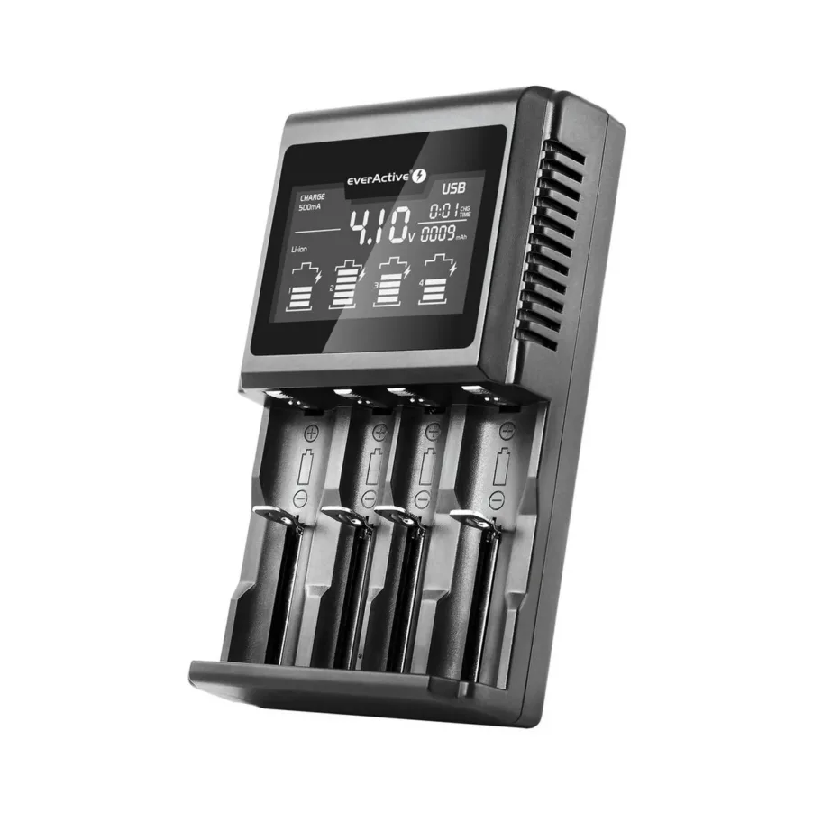 everActive UC-4000 must 4-pesaline Li-Ion AA/AAA/C/D akulaadija, 100–240 V sisend, toiteadapteriga