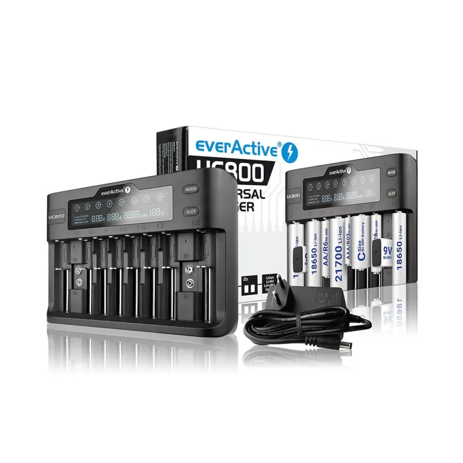 everActive UC800 8x AA/AAA, 2x 9V must akulaadija ekraaniga, 12V toiteadapteriga – 7