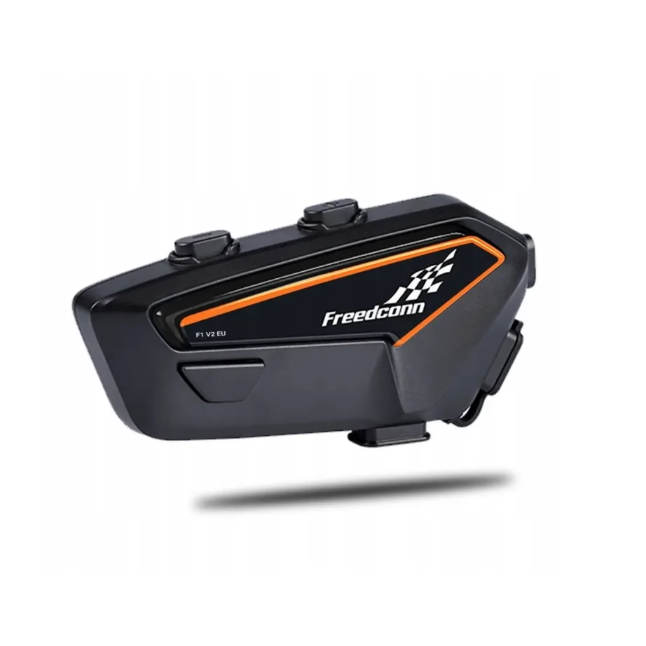 FreedConn F1 V2 EU must/oranž Bluetooth 5.2 mootorratta intercom IP65, 84x40x20 mm, 48 h aku, FM-raadio – 2