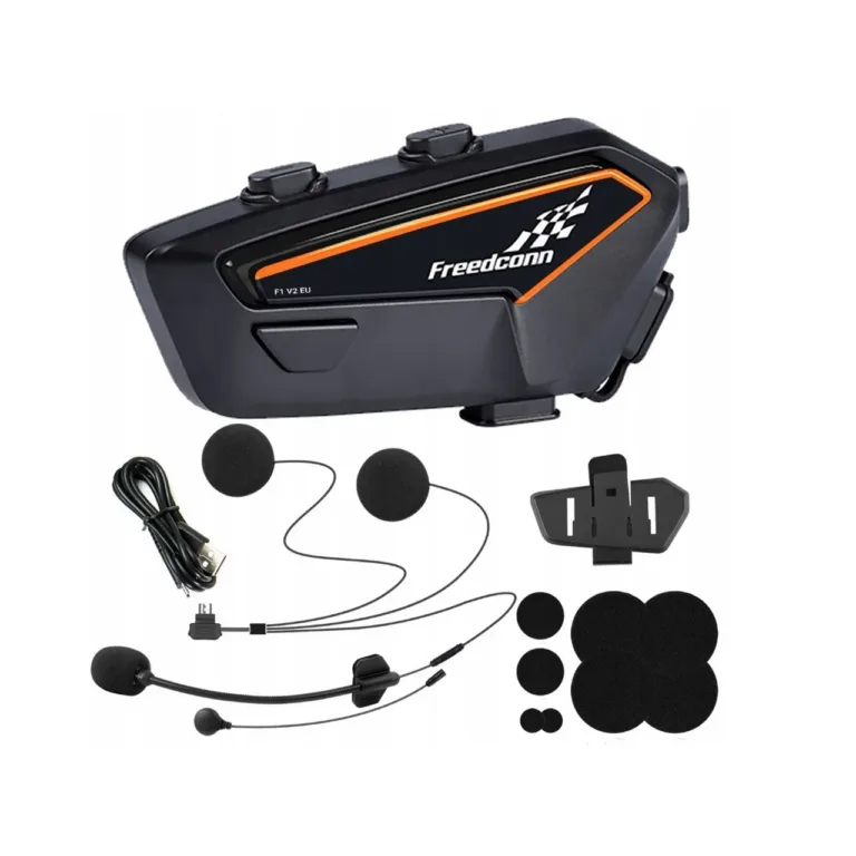 FreedConn F1 V2 EU must/oranž Bluetooth 5.2 mootorratta intercom IP65, 84x40x20 mm, 48 h aku, FM-raadio