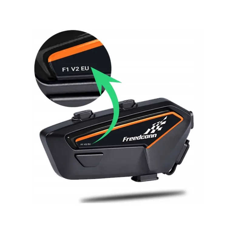 FreedConn F1 V2 EU must/oranž Bluetooth 5.2 mootorratta intercom IP65, 84x40x20 mm, 48 h aku, FM-raadio