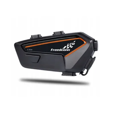 FreedConn F1 V2 EU must/oranž Bluetooth 5.2 mootorratta intercom IP65, 84x40x20 mm, 48 h aku, FM-raadio