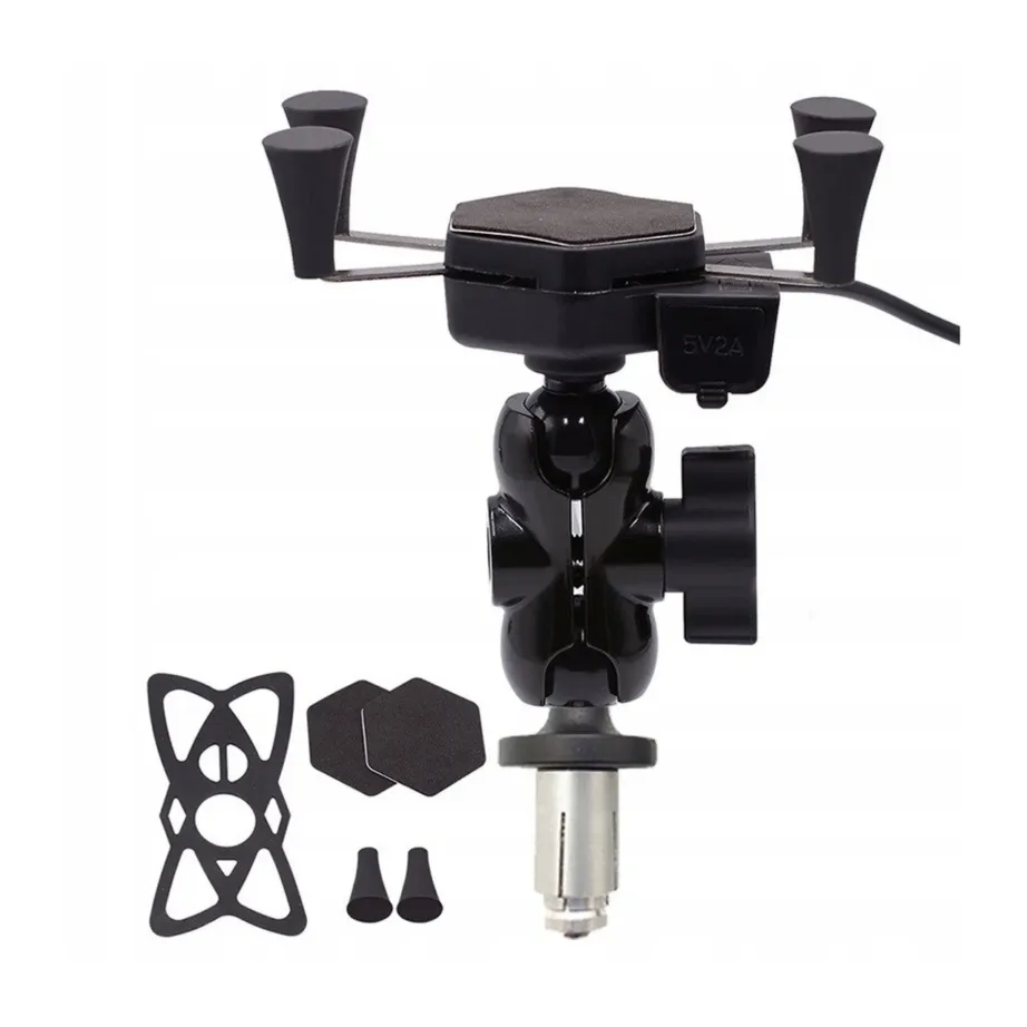 FreedConn MC7C + BM2R mustast metallist ja kummist mootorratta reguleeritav telefonihoidik USB-laadijaga, 3,5–6,9″ nutitelefonidele, raamikinnitus – 2