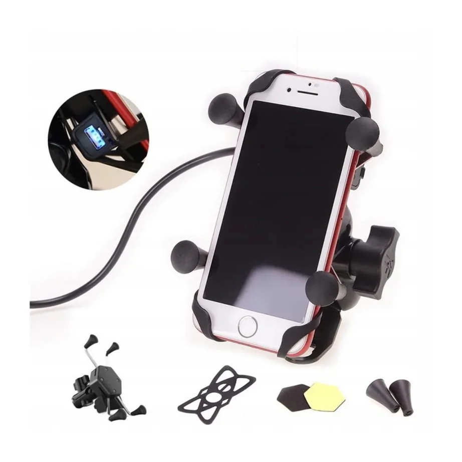 FreedConn MC7C + BM2R mustast metallist ja kummist mootorratta reguleeritav telefonihoidik USB-laadijaga, 3,5–6,9″ nutitelefonidele, raamikinnitus – 5