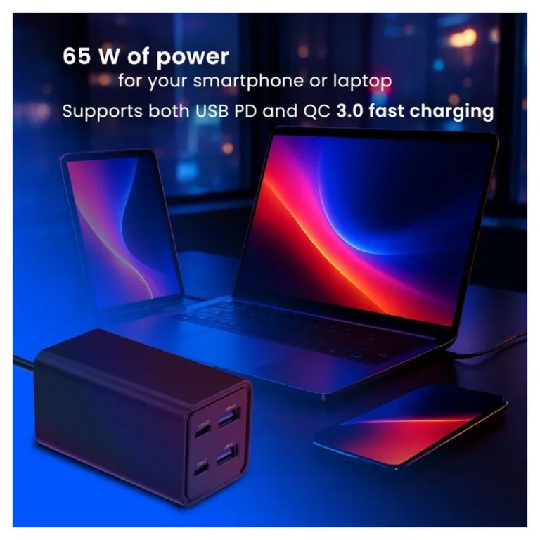Gembird TA-UC-2A2C-PD65-01-BK 65 W must 4-pordiga USB-C/USB-A kiirlaadija 1,5 m kaabliga sülearvutile ja nutitelefonile