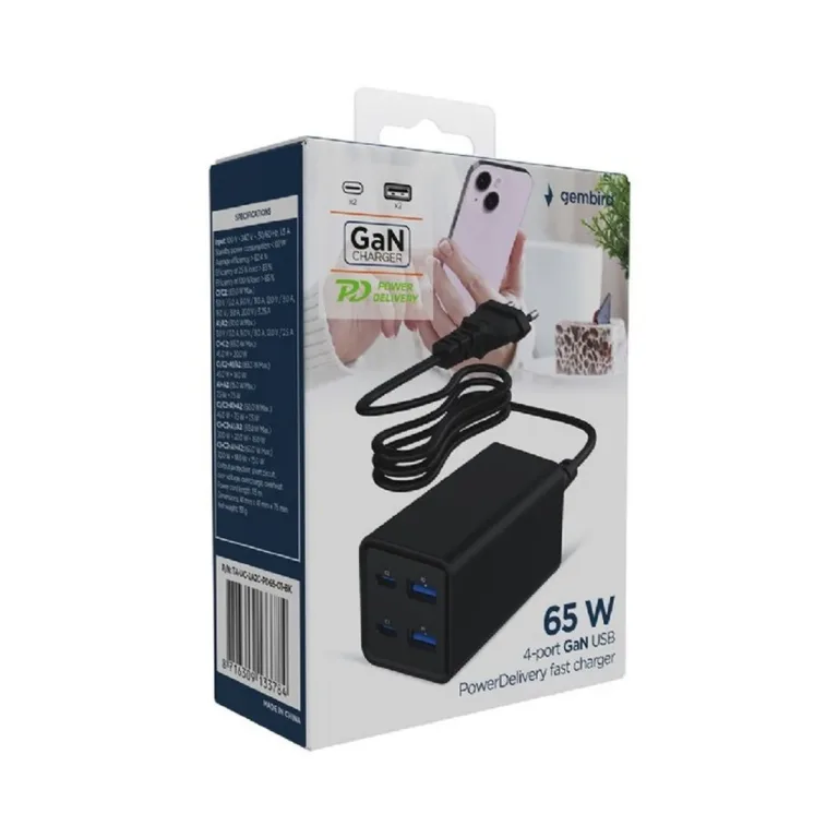 Gembird TA-UC-2A2C-PD65-01-BK 65 W must 4-pordiga USB-C/USB-A kiirlaadija 1,5 m kaabliga sülearvutile ja nutitelefonile