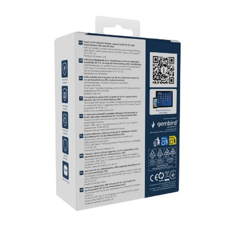 Gembird TA-UC-2A2C-PD65-01-BK 65 W must 4-pordiga USB-C/USB-A kiirlaadija 1,5 m kaabliga sülearvutile ja nutitelefonile