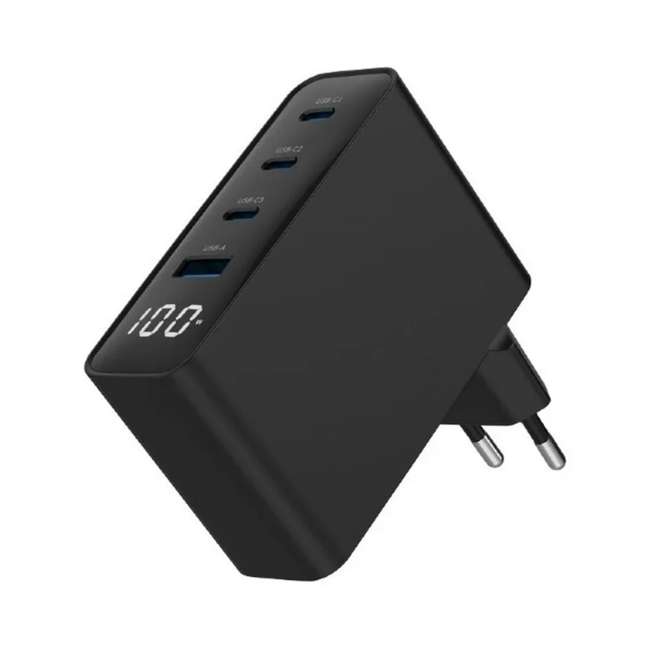 Gembird TA-UC-PDQC100LCD-01-BK 100W must kiirlaadija, 3x USB-C ja USB-A, Power Delivery, Quick Charge 3.0, sülearvutile ja nutitelefonile, 4 seadmele, LED-indikaatoriga, AC – 2