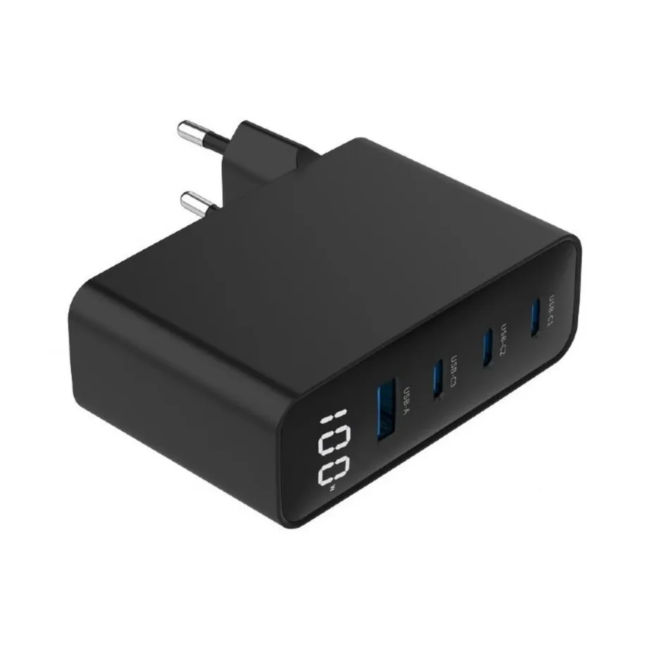 Gembird TA-UC-PDQC100LCD-01-BK 100W must kiirlaadija, 3x USB-C ja USB-A, Power Delivery, Quick Charge 3.0, sülearvutile ja nutitelefonile, 4 seadmele, LED-indikaatoriga, AC – 4