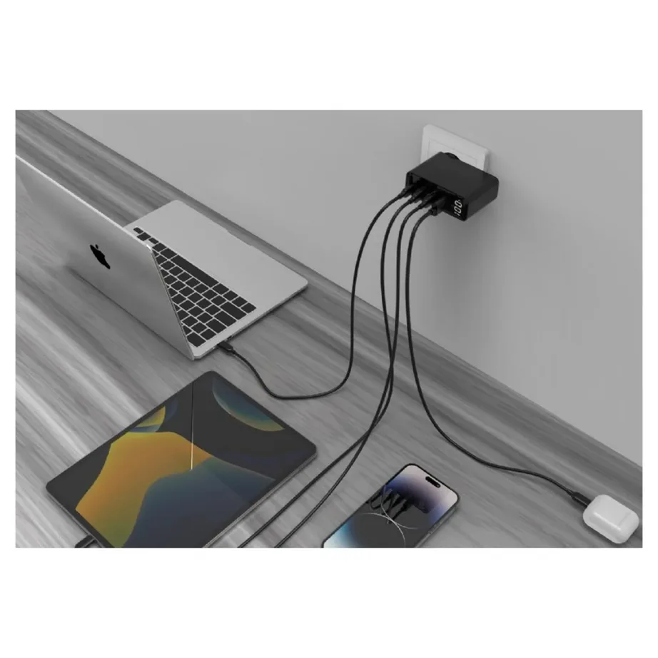 Gembird TA-UC-PDQC100LCD-01-BK 100W must kiirlaadija, 3x USB-C ja USB-A, Power Delivery, Quick Charge 3.0, sülearvutile ja nutitelefonile, 4 seadmele, LED-indikaatoriga, AC – 5