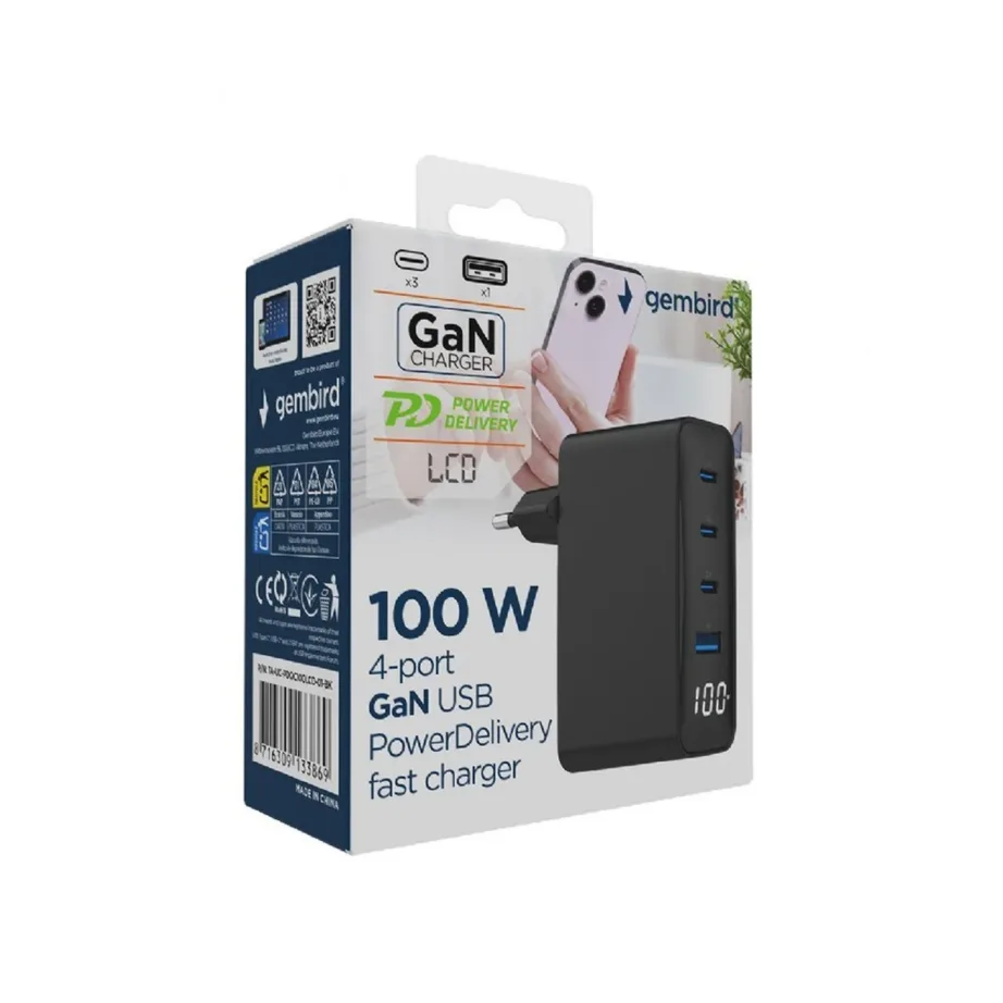 Gembird TA-UC-PDQC100LCD-01-BK 100W must kiirlaadija, 3x USB-C ja USB-A, Power Delivery, Quick Charge 3.0, sülearvutile ja nutitelefonile, 4 seadmele, LED-indikaatoriga, AC – 6