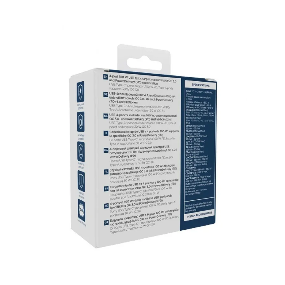 Gembird TA-UC-PDQC100LCD-01-BK 100W must kiirlaadija, 3x USB-C ja USB-A, Power Delivery, Quick Charge 3.0, sülearvutile ja nutitelefonile, 4 seadmele, LED-indikaatoriga, AC – 7