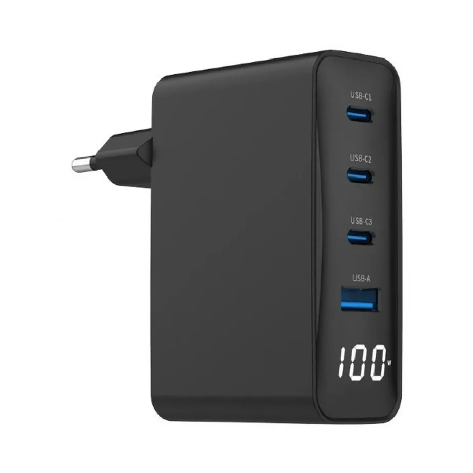Gembird TA-UC-PDQC100LCD-01-BK 100W must kiirlaadija, 3x USB-C ja USB-A, Power Delivery, Quick Charge 3.0, sülearvutile ja nutitelefonile, 4 seadmele, LED-indikaatoriga, AC