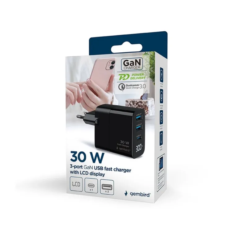 Gembird TA-UC-PDQC30LCD-BK-02 30W universaalne must GaN USB-C/2xUSB-A kiirlaadija LCD-ekraaniga