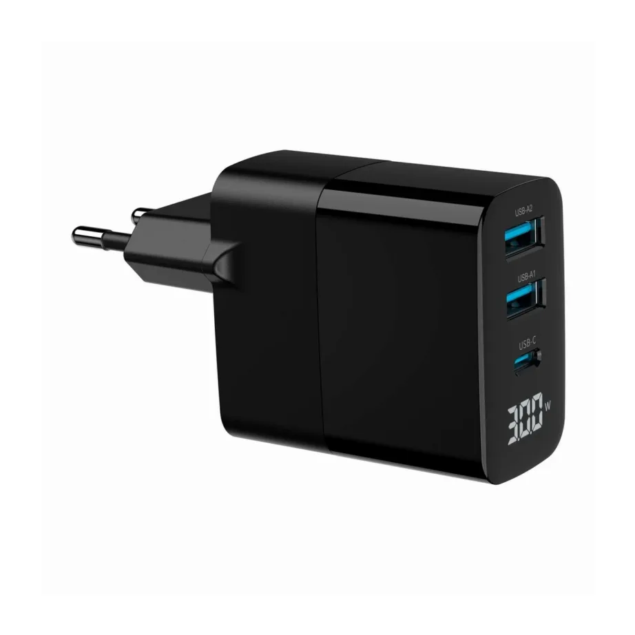 Gembird TA-UC-PDQC30LCD-BK-02 30W universaalne must GaN USB-C/2xUSB-A kiirlaadija LCD-ekraaniga – 3