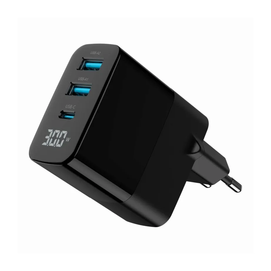 Gembird TA-UC-PDQC30LCD-BK-02 30W universaalne must GaN USB-C/2xUSB-A kiirlaadija LCD-ekraaniga – 4