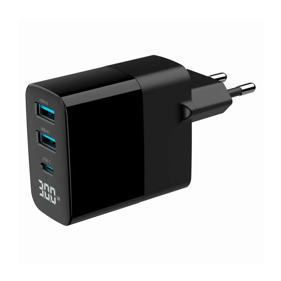 Gembird TA-UC-PDQC30LCD-BK-02 30W universaalne must GaN USB-C/2xUSB-A kiirlaadija LCD-ekraaniga