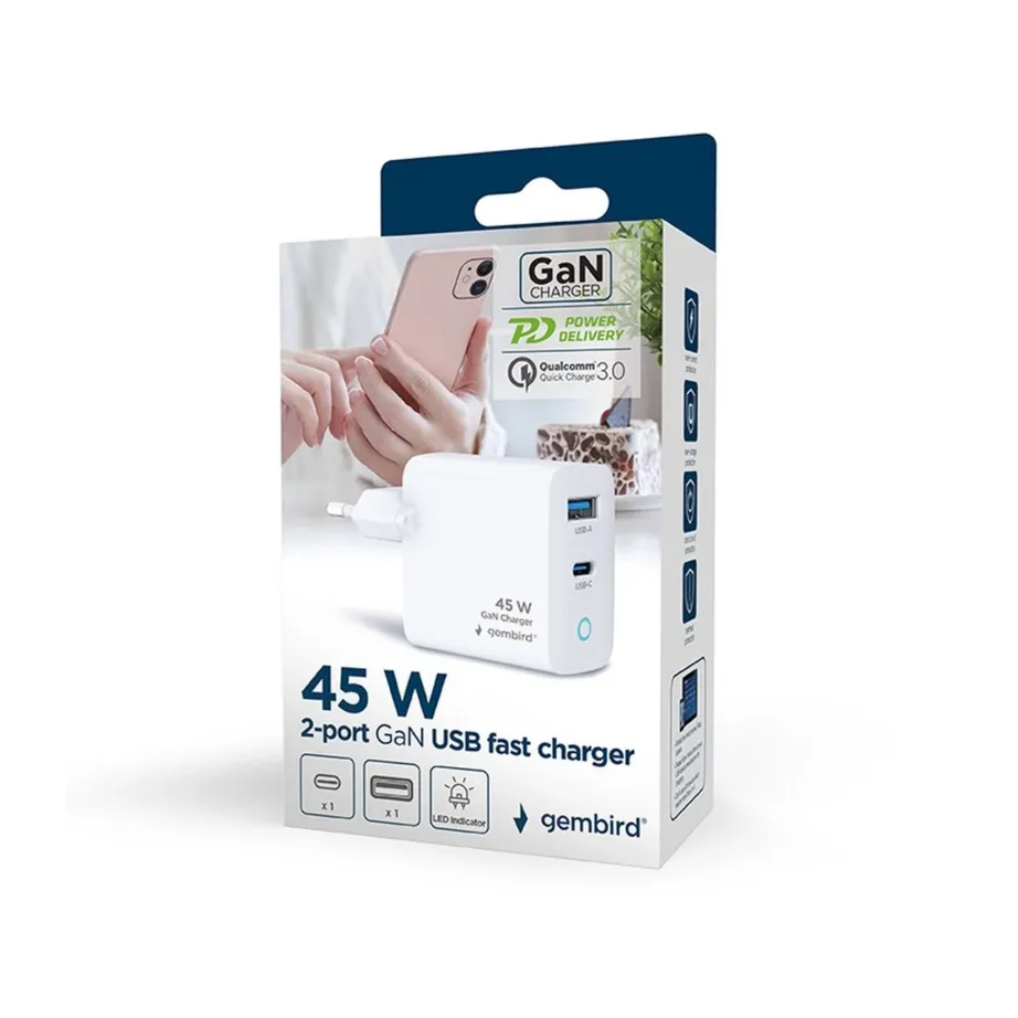 Gembird TA-UC-PDQC45L-W-01 45 W valge AC kiirlaadija USB-C ja USB-A portidega universaalsetele seadmetele - 2
