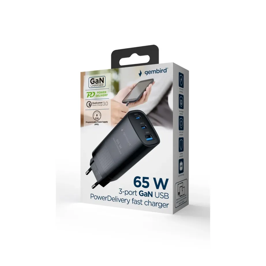 Gembird TA-UC-PDQC65-01-BK 65 W must 3-pordiline USB-C/USB-A kiirlaadija (EU), universaalne seadmetele – 5