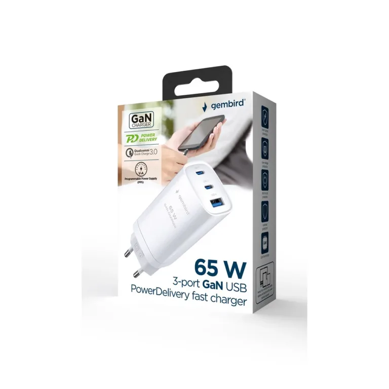 Gembird TA-UC-PDQC65-01-W 65 W valge GaN USB-C/USB-A 3-pordiline kiirlaadija nutiseadmetele