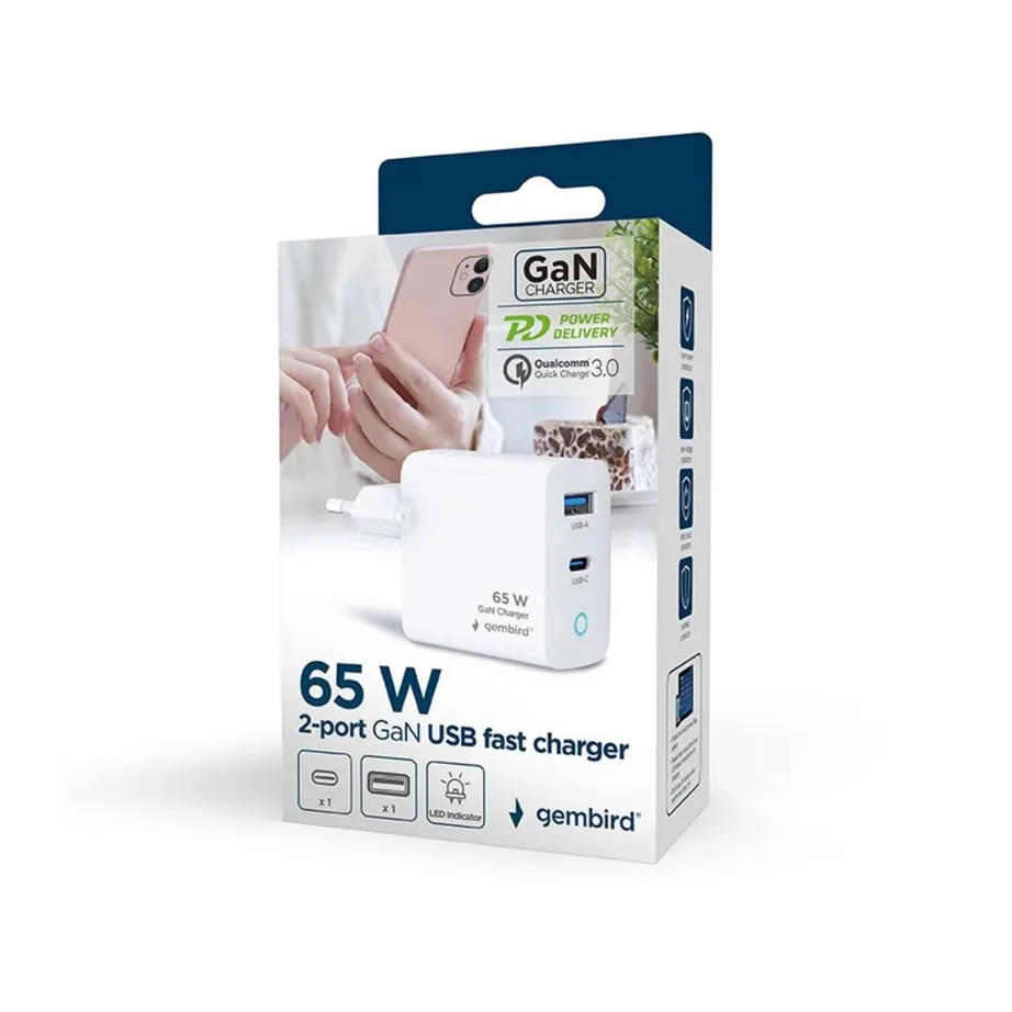 Gembird TA-UC-PDQC65L-W-01 65 W valge USB-C/USB-A GaN kiirlaadija, 2 seadmele, universaalne, sisetingimustesse – 2
