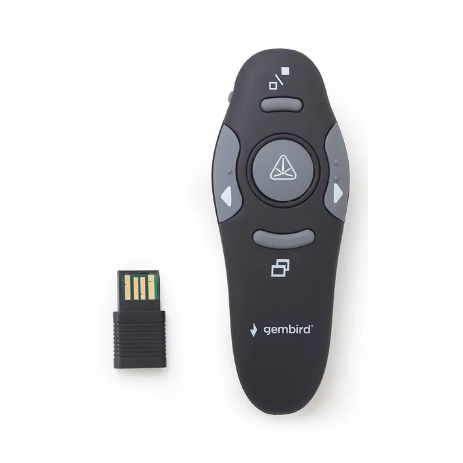 Gembird WP-L-11 must IR juhtmevaba kaugjuhtimispult projektsiooniekraanile, USB-vastuvõtjaga, 2,4 GHz, kuni 10 m ulatus, 105x38x25 mm, 1xAAA patareiga