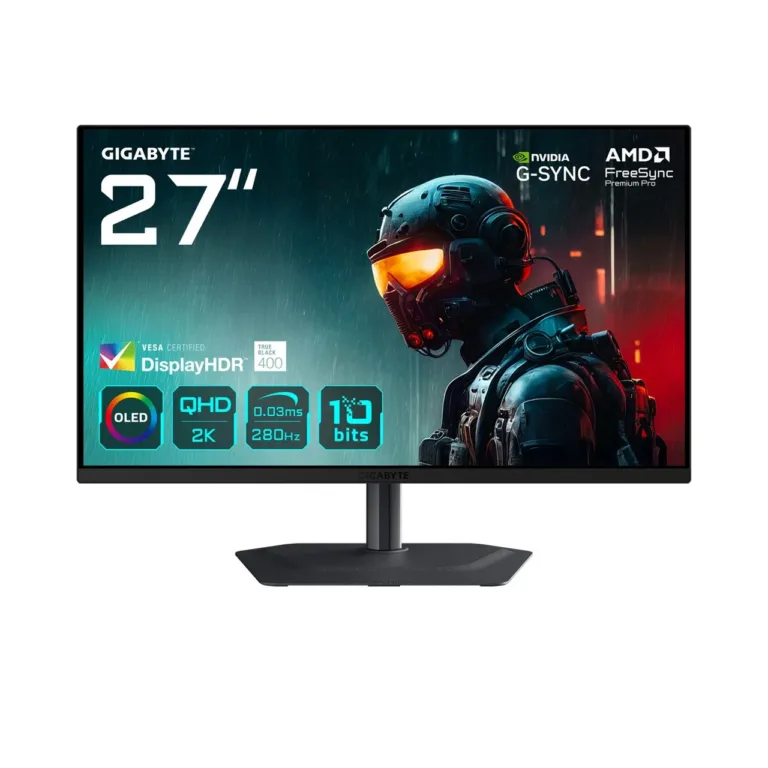 Gigabyte MO27Q2A 27-tolline QD-OLED 280Hz 2K mängumonitor, 2560x1440, 0,03 ms, HDR True Black 400, FreeSync Premium Pro, G-SYNC, must