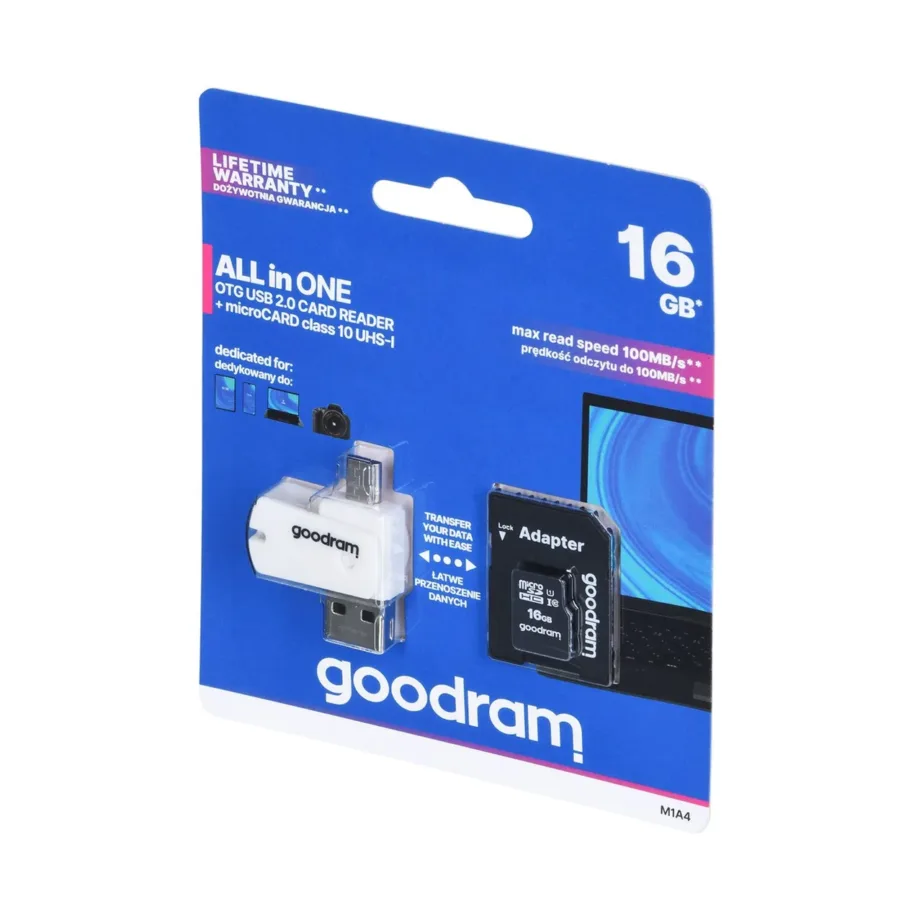 Goodram M1A4-0160R12 16GB MicroSDHC Class 10 UHS-I mälukaart 100MB/s, adapteri ja USB-lugejaga, must/valge