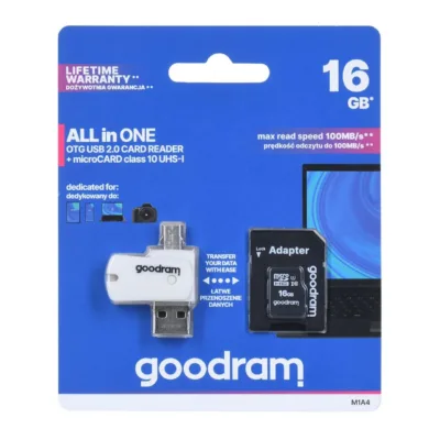 Goodram M1A4-0160R12 16GB MicroSDHC Class 10 UHS-I mälukaart 100MB/s, adapteri ja USB-lugejaga, must/valge