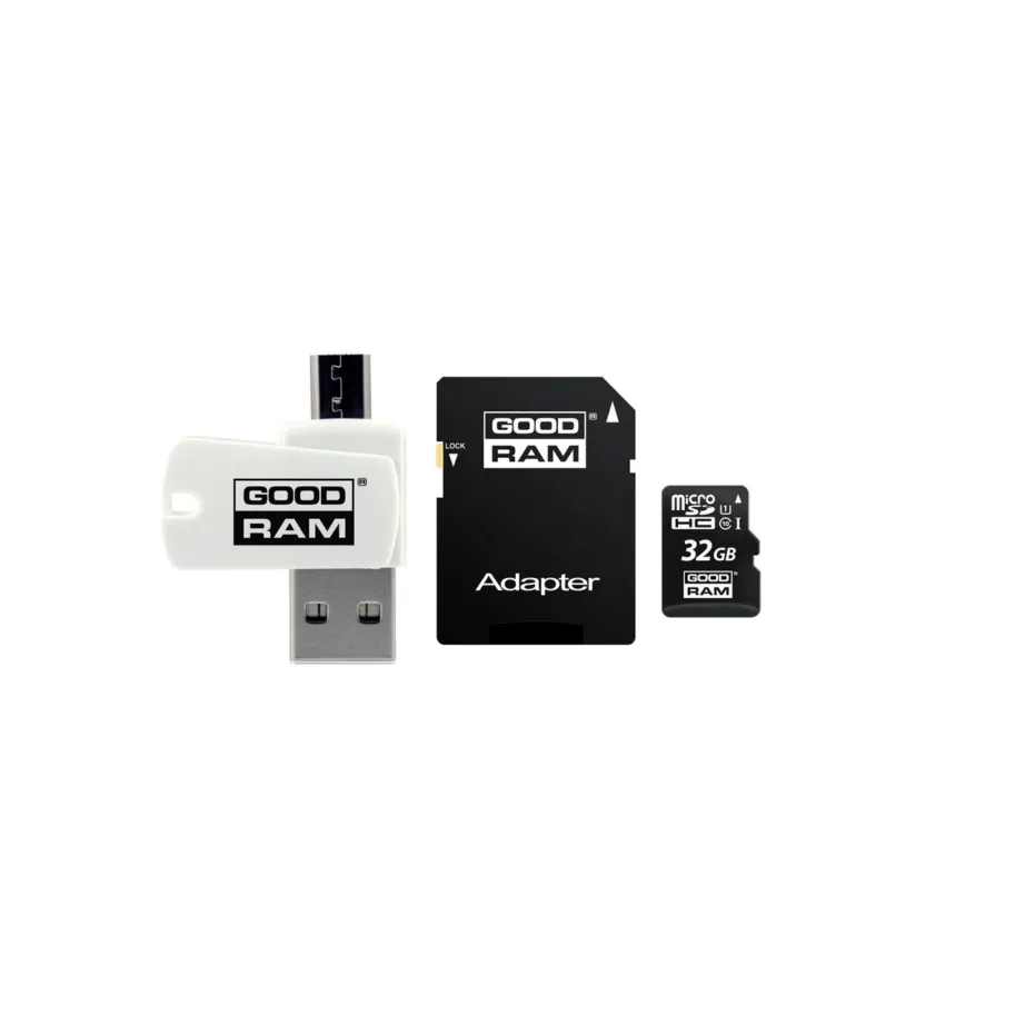 Goodram M1A4-0320R12 32 GB MicroSDHC Class 10 UHS-I mälukaart, 60 MB/s lugemiskiirus, microSD ja USB adapterid, must/valge
