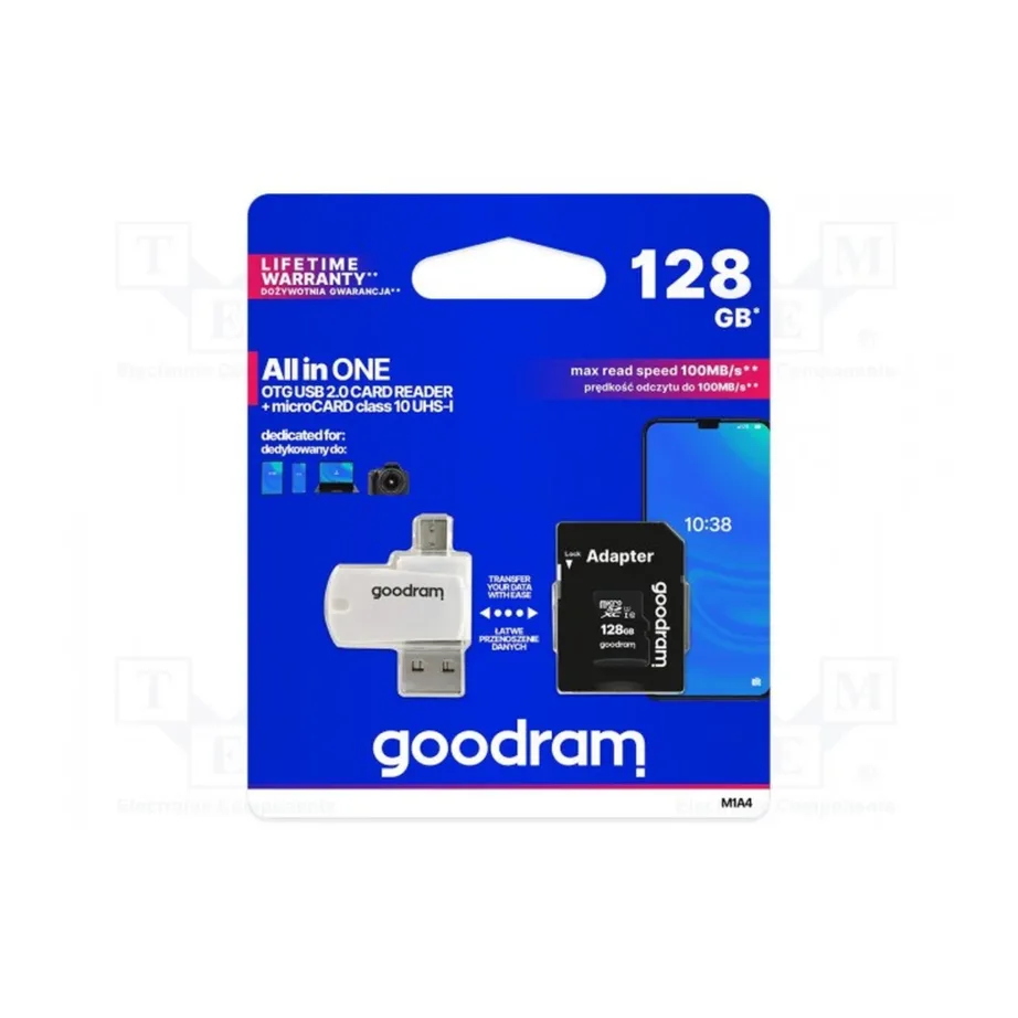 Goodram M1A4-1280R12 128GB MicroSDHC Class 10 mälukaart adapteri ja USB-lugejaga, 60 MB/s, must/valge