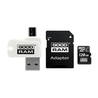 Goodram M1A4-1280R12 128GB MicroSDHC Class 10 mälukaart adapteri ja USB-lugejaga, 60 MB/s, must/valge