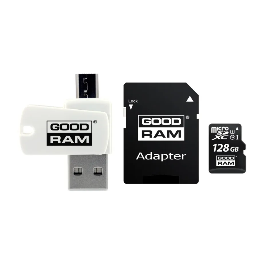 Goodram M1A4-1280R12 128GB MicroSDHC Class 10 mälukaart adapteri ja USB-lugejaga, 60 MB/s, must/valge