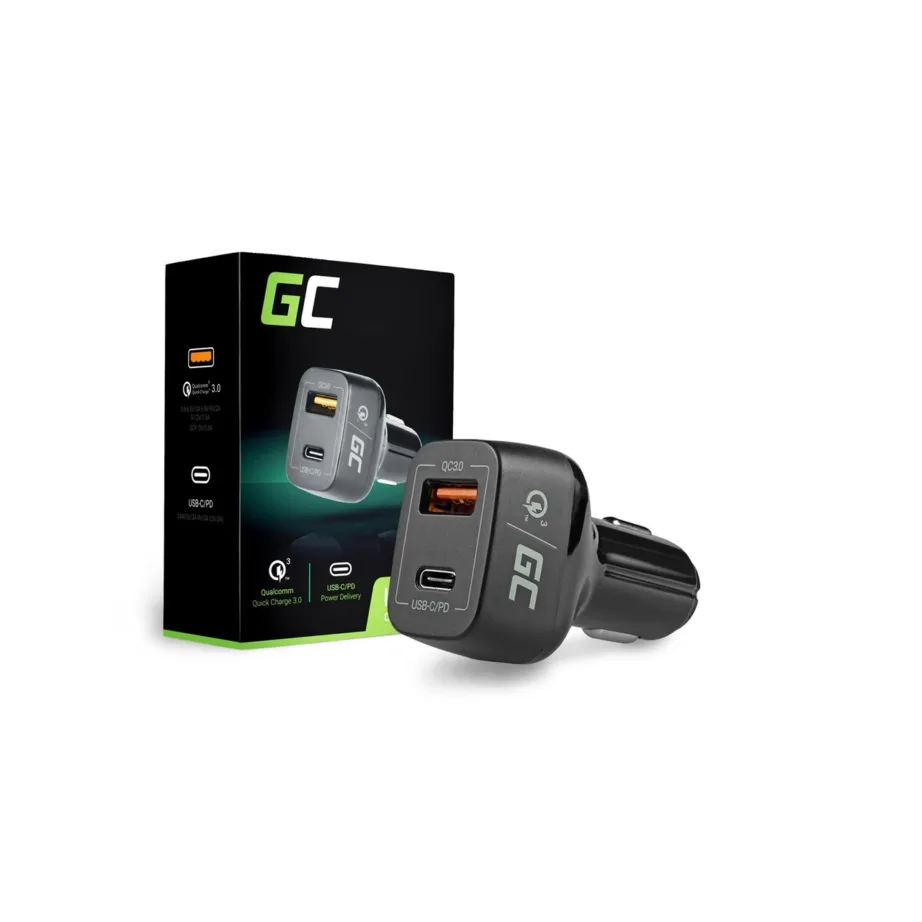 Green Cell CAD33 42W autolaadija USB-C PD ja USB-A QC3.0, must, 12/24V, kiirlaadimine