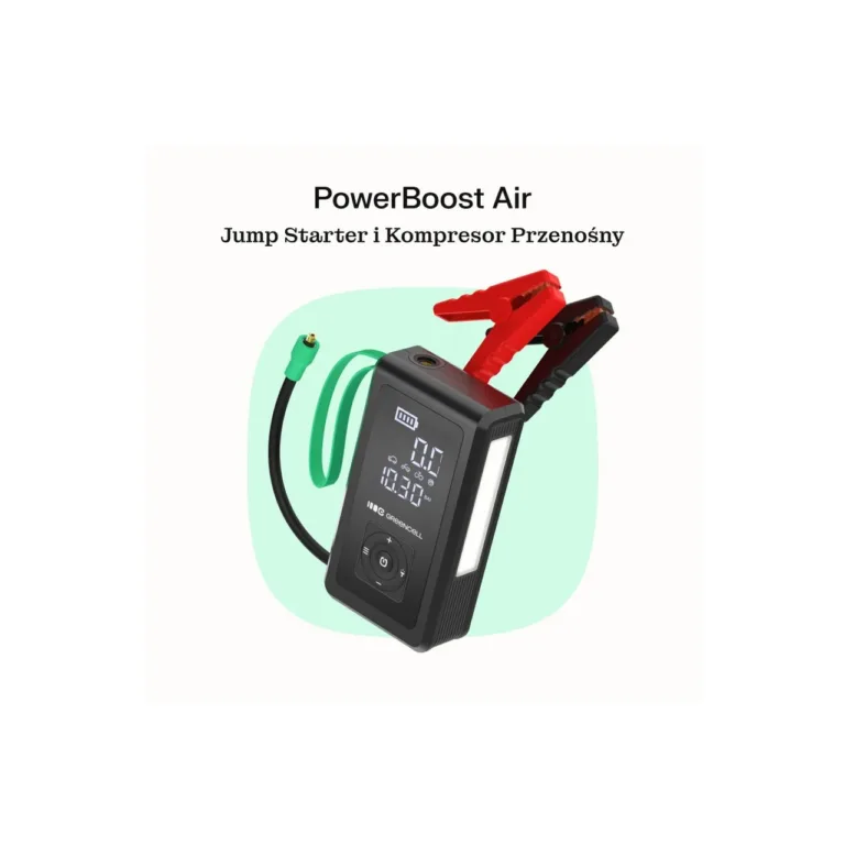 Green Cell CJSGC03 8000 mAh Li-Ion autokäivitaja ja akupank OLED-ekraani, taskulambi, USB-C/USB-A, 500 A, must/heleroheline