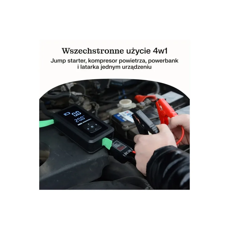 Green Cell CJSGC03 8000 mAh Li-Ion autokäivitaja ja akupank OLED-ekraani, taskulambi, USB-C/USB-A, 500 A, must/heleroheline – 18