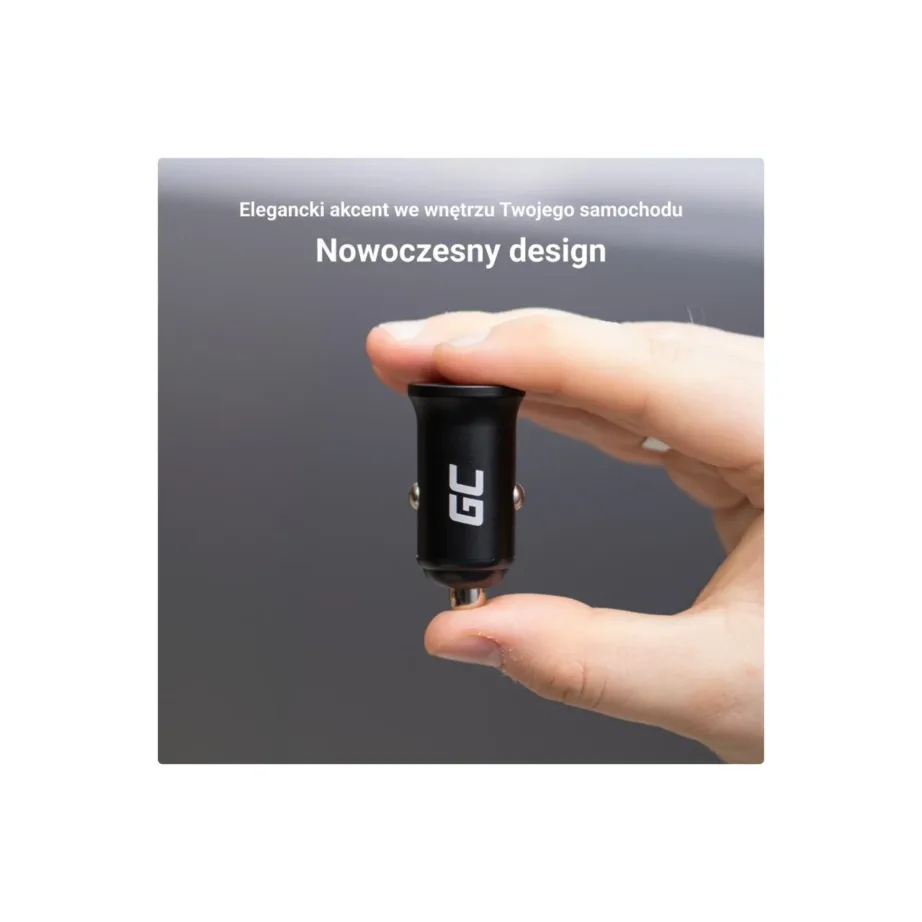 Green Cell PowerRide Nano38 CADM-GC-38AC 38W must alumiiniumist auto USB-C + USB-A laadija, 2 väljundit, kiirlaadimisega – 12