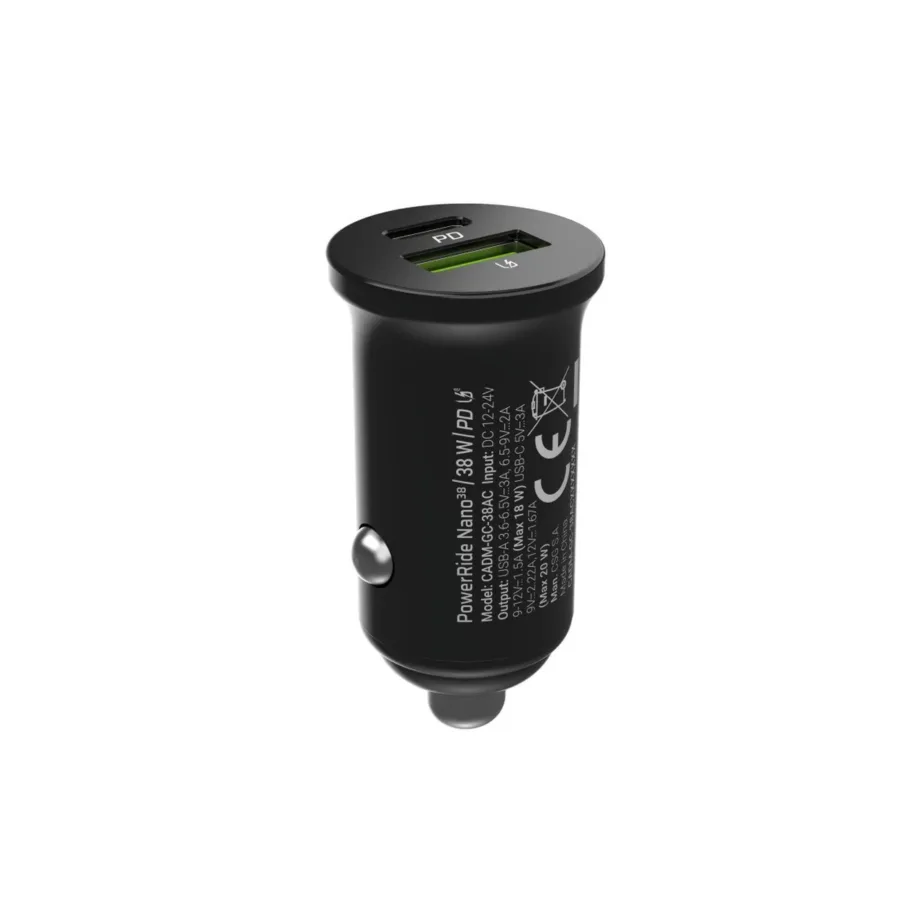 Green Cell PowerRide Nano38 CADM-GC-38AC 38W must alumiiniumist auto USB-C + USB-A laadija, 2 väljundit, kiirlaadimisega – 10
