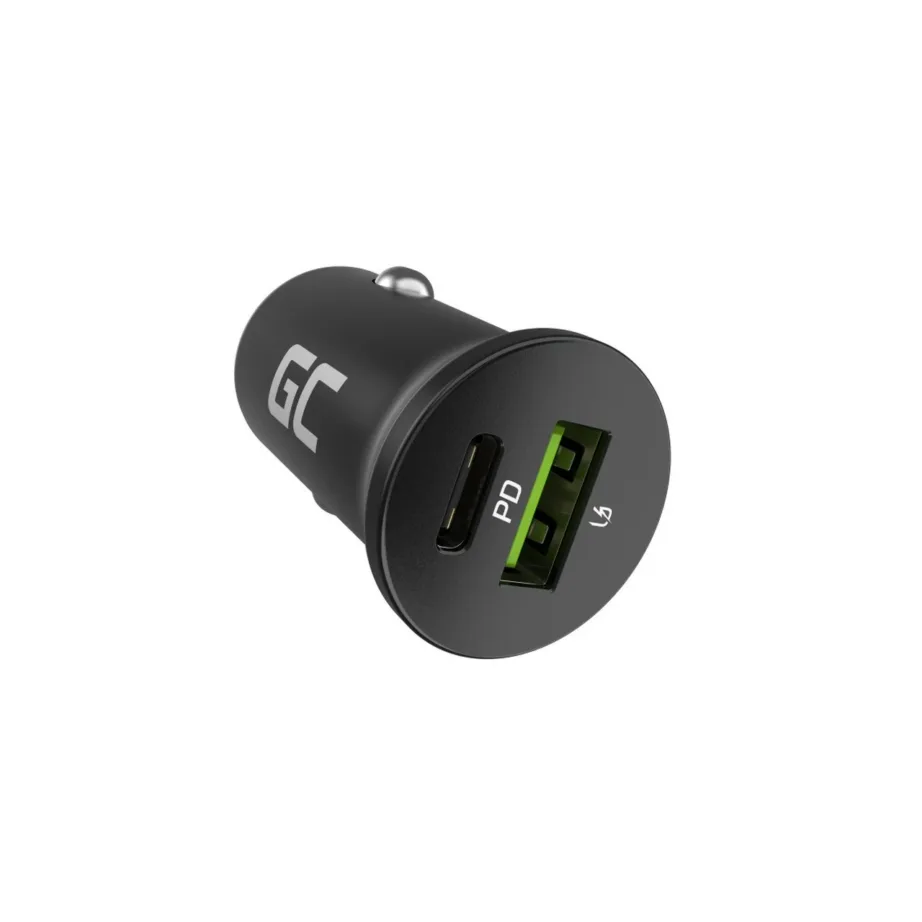 Green Cell PowerRide Nano38 CADM-GC-38AC 38W must alumiiniumist auto USB-C + USB-A laadija, 2 väljundit, kiirlaadimisega