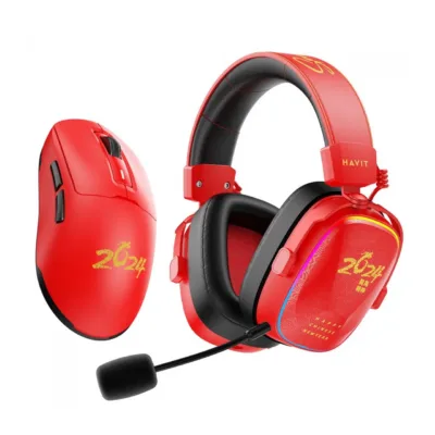 Havit H2039BG Limited Edition Bluetooth 5.1 must/punane mängurikomplekt – kõrvaklapid ja RGB-hiir, 1050mAh aku, juhtmega ja juhtmevaba ühendus