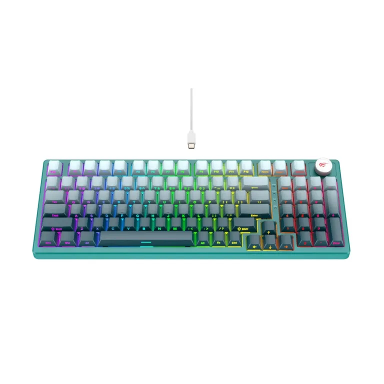 Havit KB899L 97-klahviline mehaaniline teal RGB-taustvalgustusega juhtmega mänguriklaviatuur, USB, eemaldatav 1,8 m kaabel