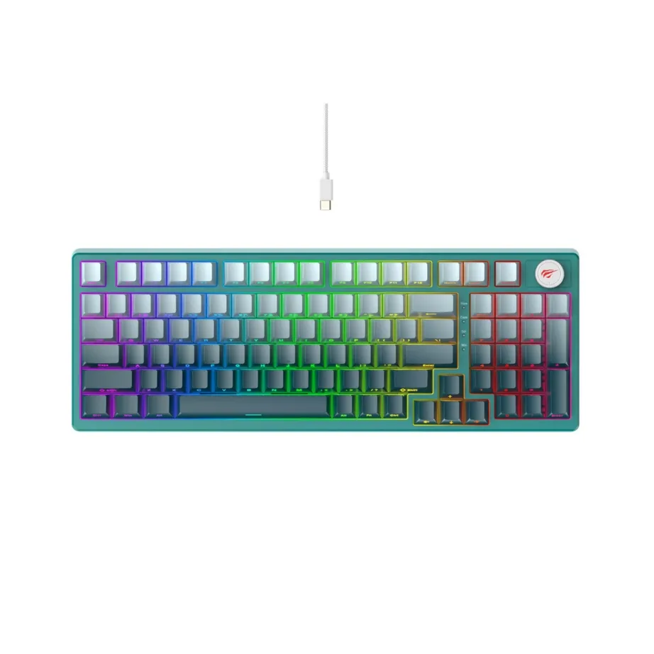 Havit KB899L 97-klahviline mehaaniline teal RGB-taustvalgustusega juhtmega mänguriklaviatuur, USB, eemaldatav 1,8 m kaabel